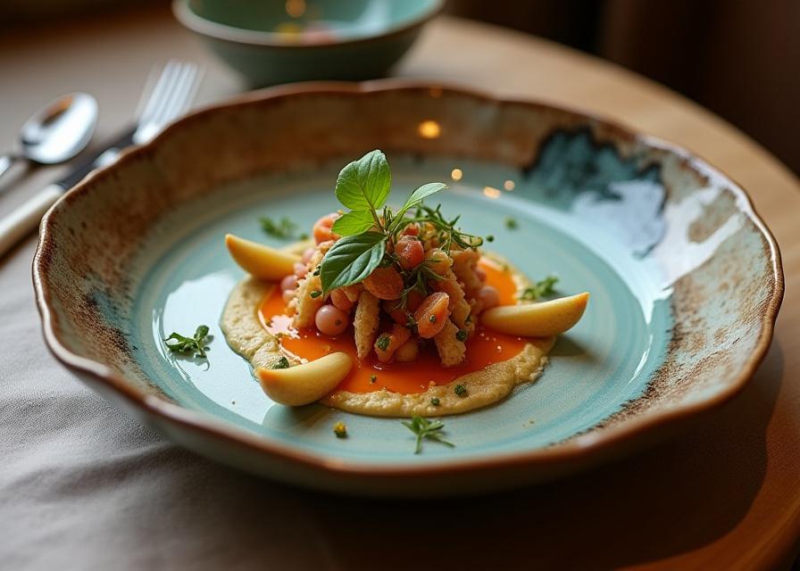 Handmade ceramic plates with gourmet meal presentation